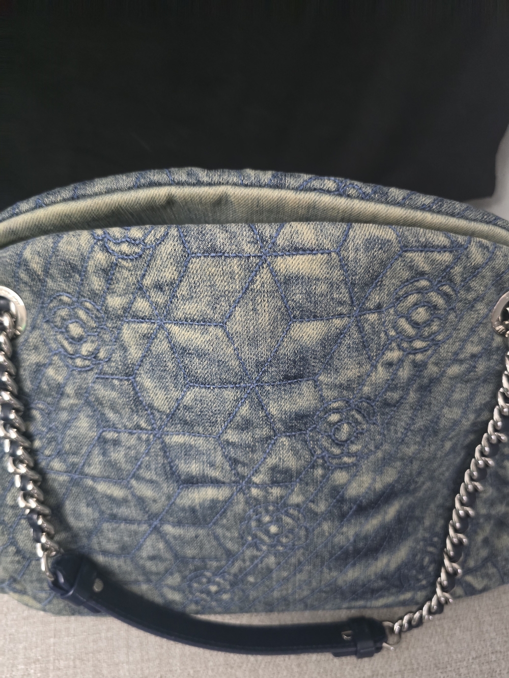 AUTHENTIC Chanel Denim Camellia Just Mademoiselle Bowler Bag - Picture 9 of 16